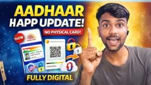 New Aadhaar App Update 2026 showing digital Aadhaar card with QR code and no physical card concept