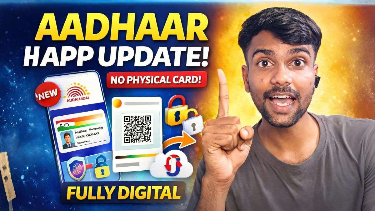 New Aadhaar App Update 2026 showing digital Aadhaar card with QR code and no physical card concept