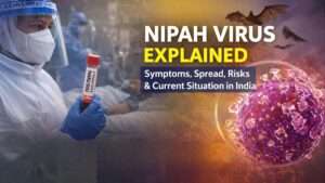 Nipah virus explained showing healthcare workers in PPE, Nipah positive test sample, virus illustration, and public health alert in India