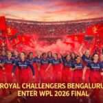 Royal Challengers Bengaluru women’s team celebrate after qualifying for the WPL 2026 final at a packed stadium