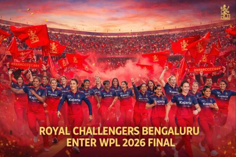 Royal Challengers Bengaluru women’s team celebrate after qualifying for the WPL 2026 final at a packed stadium