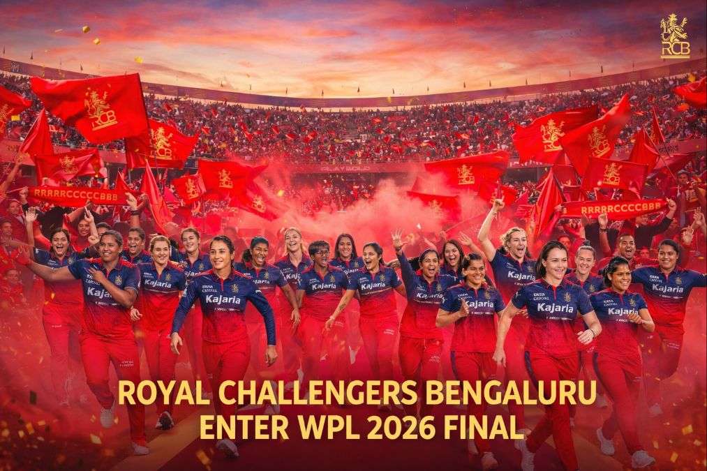 Royal Challengers Bengaluru women’s team celebrate after qualifying for the WPL 2026 final at a packed stadium