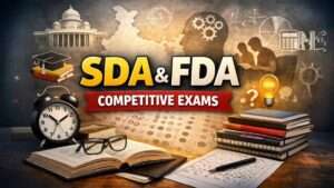 SDA and FDA competitive exams preparation featured image showing books, study desk, exam symbols and government exam