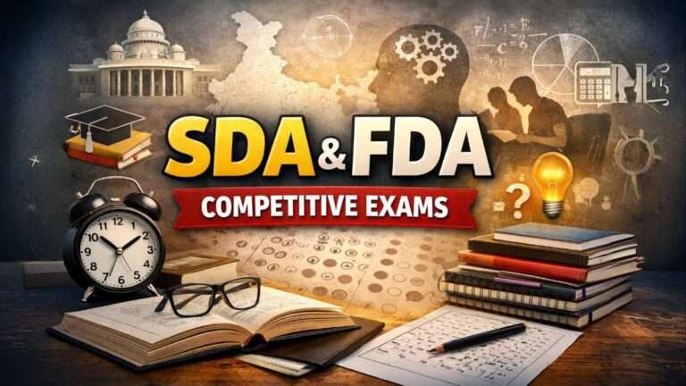 SDA and FDA competitive exams preparation featured image showing books, study desk, exam symbols and government exam
