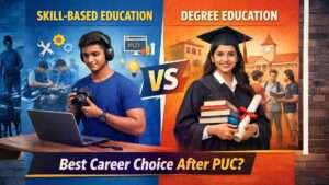 Skill-based education vs degree comparison showing practical skills and college graduation options after PUC in India