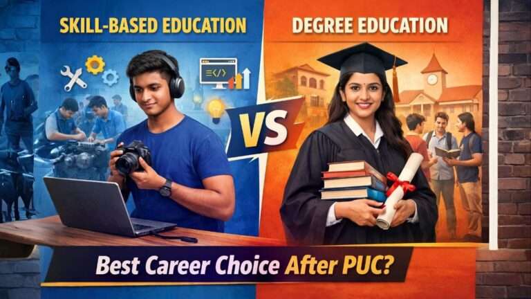 Skill-based education vs degree comparison showing practical skills and college graduation options after PUC in India