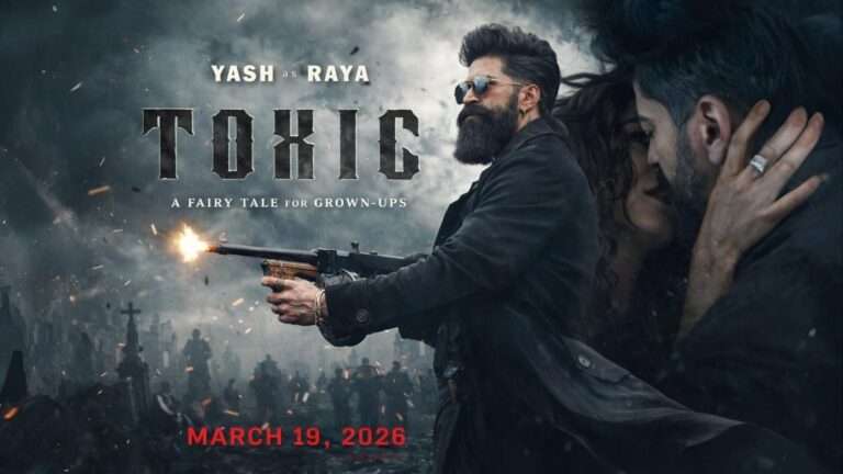 Yash as Raya holding a gun in Toxic movie poster released on his birthday showcasing intense action and power