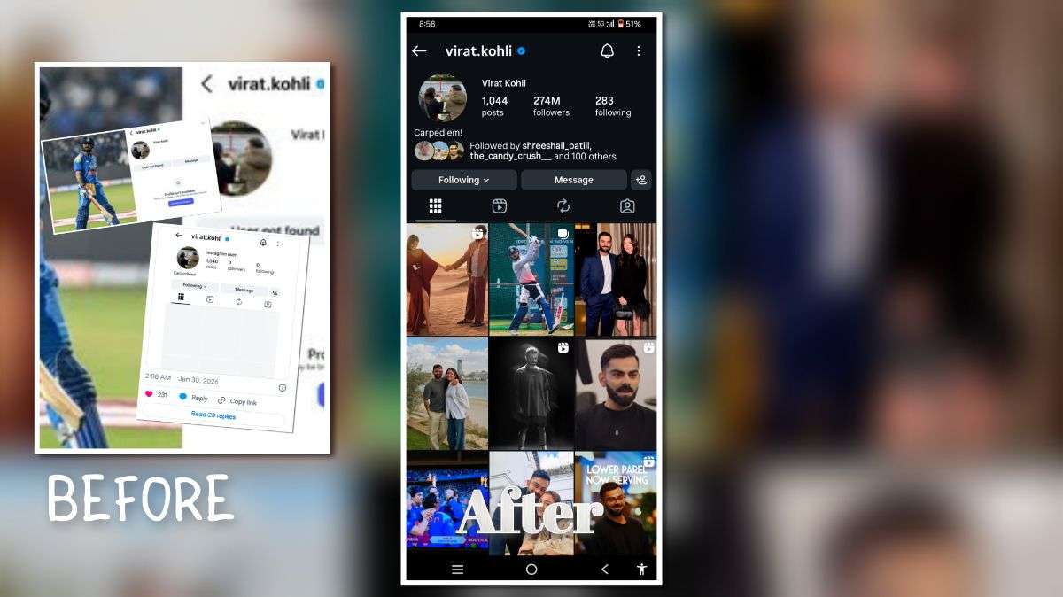 Before and after comparison of Virat Kohli’s official Instagram account showing temporary visibility issue and fully active verified profile with posts and followers intact