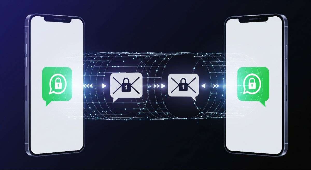 Visual explanation of WhatsApp end-to-end encryption using locked message transfer between two devices.