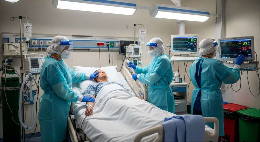 Healthcare workers using protective equipment while managing Nipah virus cases in an isolation ward