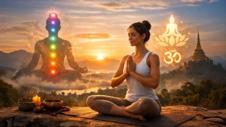 Woman practicing yoga meditation at sunrise symbolizing yoga as a spiritual practice for inner peace and self-realization