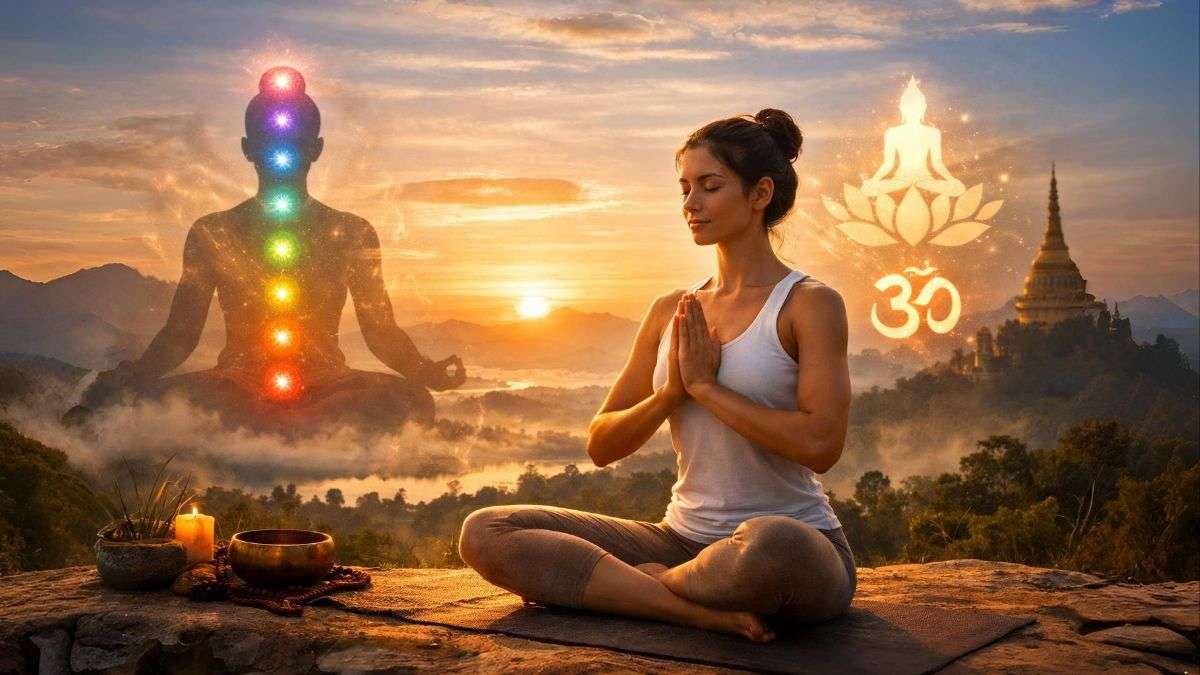 Woman practicing yoga meditation at sunrise symbolizing yoga as a spiritual practice for inner peace and self-realization