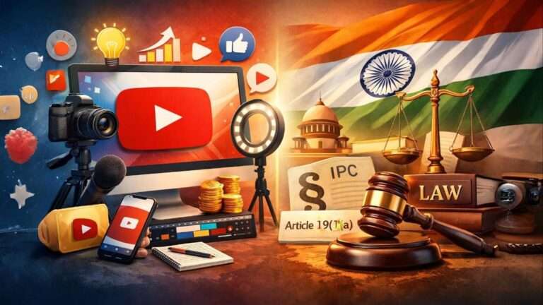 YouTube content creation tips with Indian law compliance visuals showing camera, microphone, YouTube play button, and legal symbols like gavel and Constitution of India.