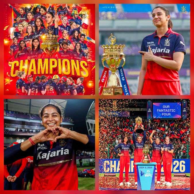 Royal Challengers Bengaluru Women celebrating TATA Women’s Premier League 2026 championship with Smriti Mandhana holding the trophy