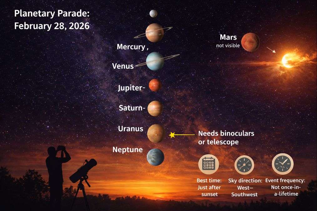 Infographic showing the planetary parade on February 28, 2026, with Mercury, Venus, Jupiter, Saturn, Uranus, and Neptune aligned in the evening sky.