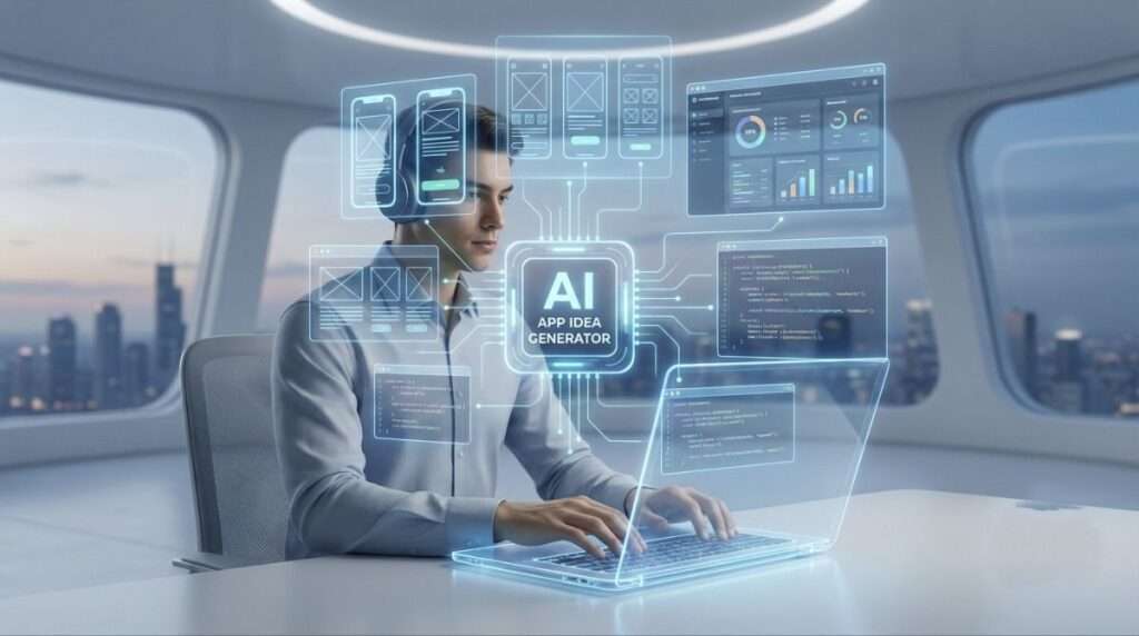Concept illustration of AI generating web and mobile applications from a simple text prompt.