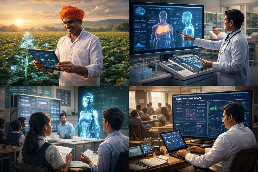 Artificial intelligence applications in Indian agriculture, healthcare, education and governance under India AI mission 2026.