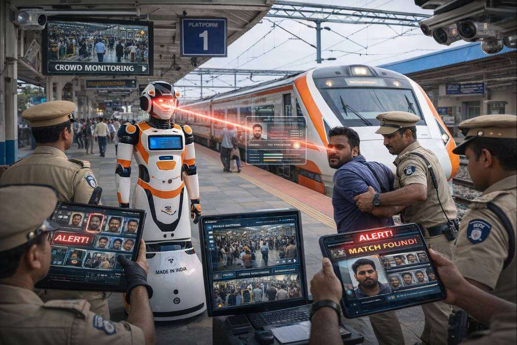 AI-powered humanoid robot assisting RPF in identifying a suspect at an Indian railway station