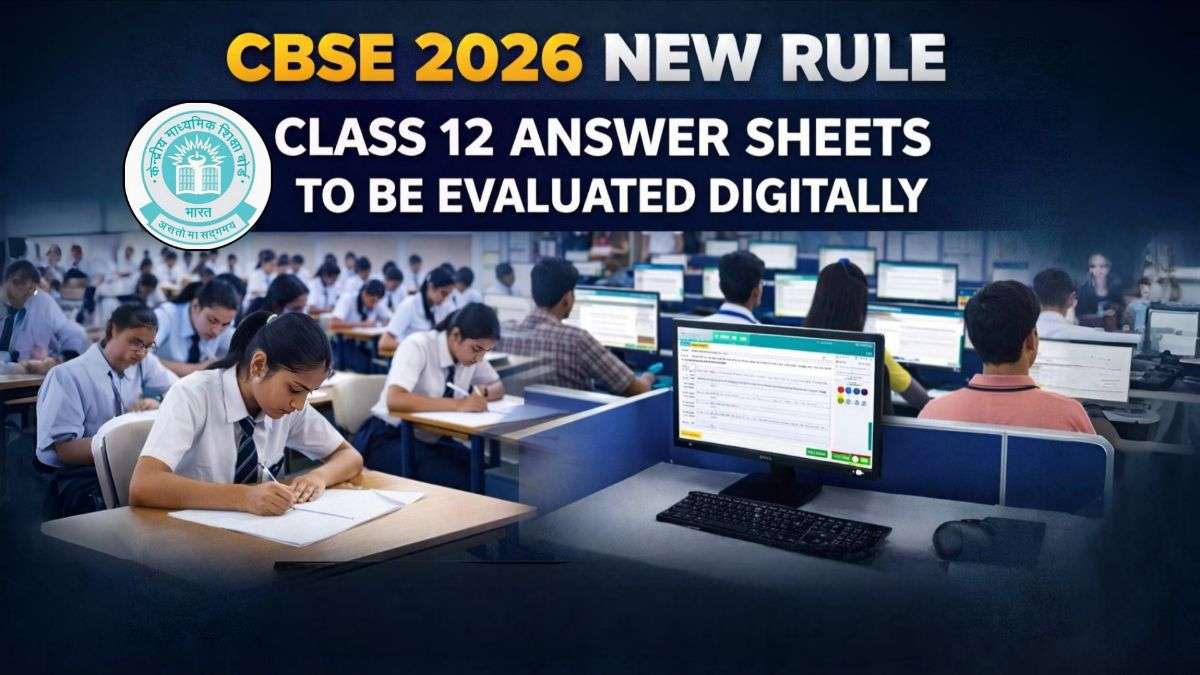 Featured image showing CBSE 2026 exam update students writing exams on paper on one side and teachers evaluating answer sheets digitally on computers on the other, with headline text about Class 12 digital evaluation rule.