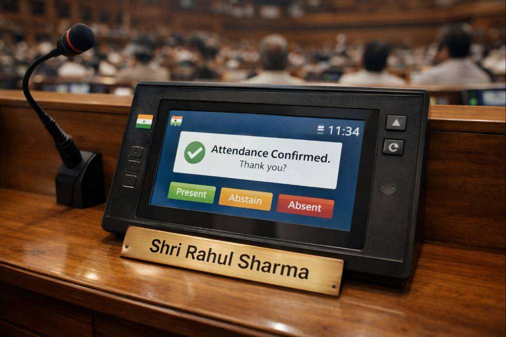 Close view of digital attendance console placed on an MP’s desk inside Indian Parliament for seat-based attendance marking.