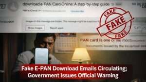 Fake e-PAN download email scam alert showing phishing message marked fake as PIB Fact Check warns citizens against fraudulent PAN card emails
