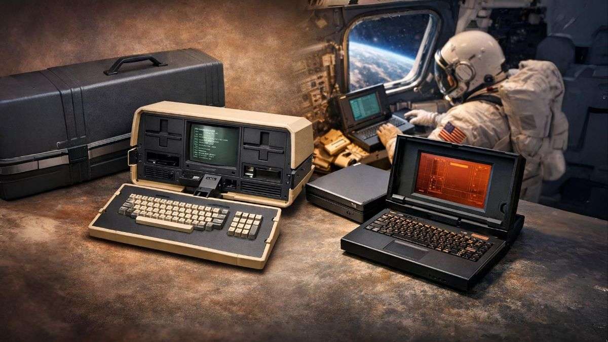 Featured image showing the first laptop in the world including the 1981 Osborne 1 portable computer and the 1982 GRiD Compass 1101 used by NASA, highlighting the early evolution of laptop technology.