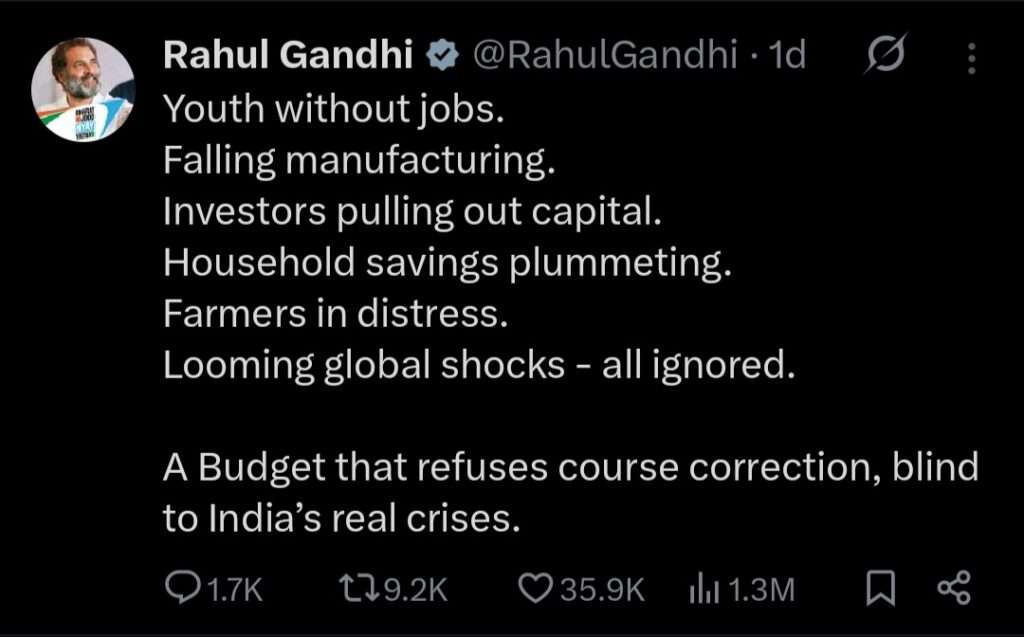 Rahul Gandhi X social media post criticising the Union Budget, highlighting concerns over unemployment, weak manufacturing, falling household savings, investor pullout, farmer distress, and ignored global risks.