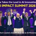 Prime Minister Narendra Modi with global tech leaders at India AI Impact Summit 2026 discussing AI innovation and Indias digital future.