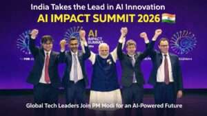 Prime Minister Narendra Modi with global tech leaders at India AI Impact Summit 2026 discussing AI innovation and Indias digital future.