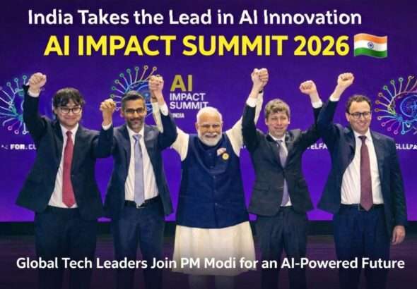 Prime Minister Narendra Modi with global tech leaders at India AI Impact Summit 2026 discussing AI innovation and Indias digital future.