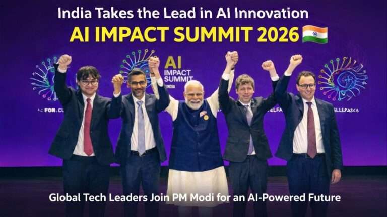 Prime Minister Narendra Modi with global tech leaders at India AI Impact Summit 2026 discussing AI innovation and Indias digital future.