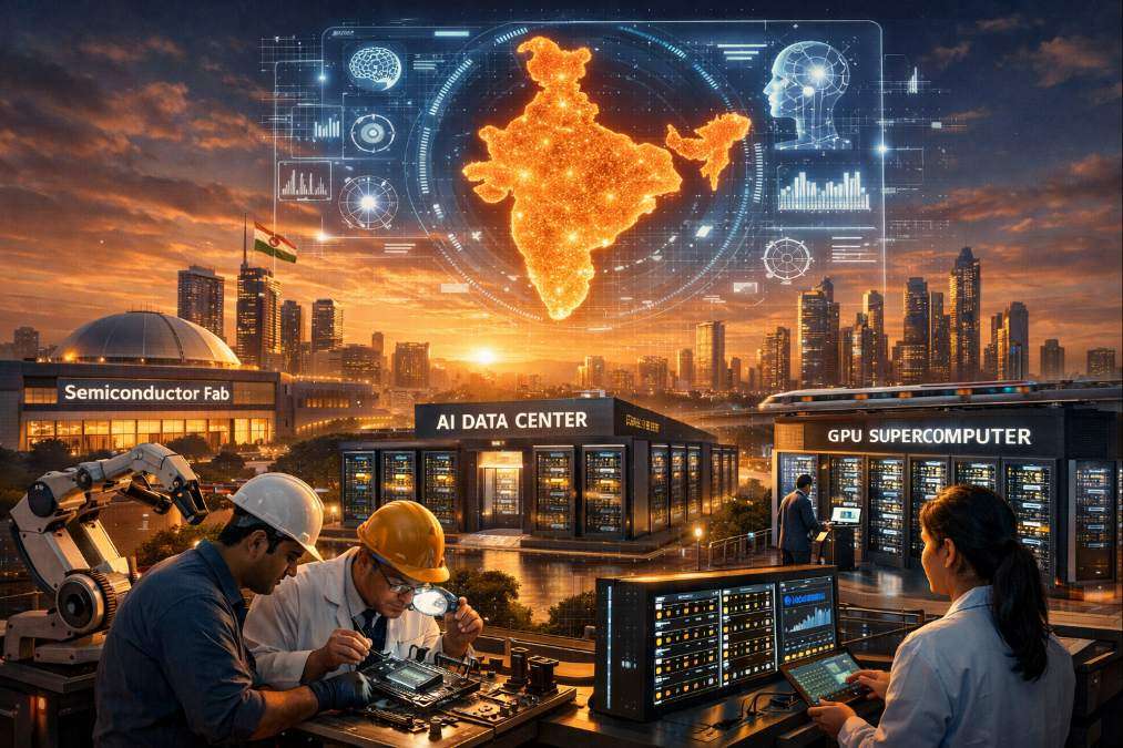 AI data centers and semiconductor infrastructure in India representing the vision of India AI Impact Summit 2026.