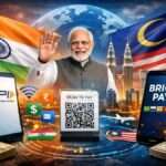 India’s UPI expansion to Malaysia showing digital payments, QR code transactions, BRICS Pay concept, and global fintech connectivity