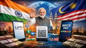 India’s UPI expansion to Malaysia showing digital payments, QR code transactions, BRICS Pay concept, and global fintech connectivity