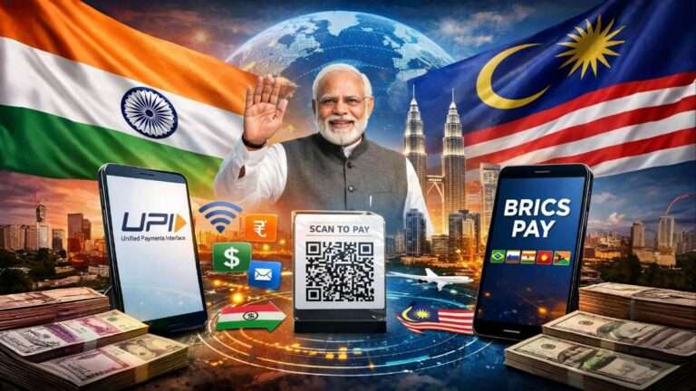 India’s UPI expansion to Malaysia showing digital payments, QR code transactions, BRICS Pay concept, and global fintech connectivity