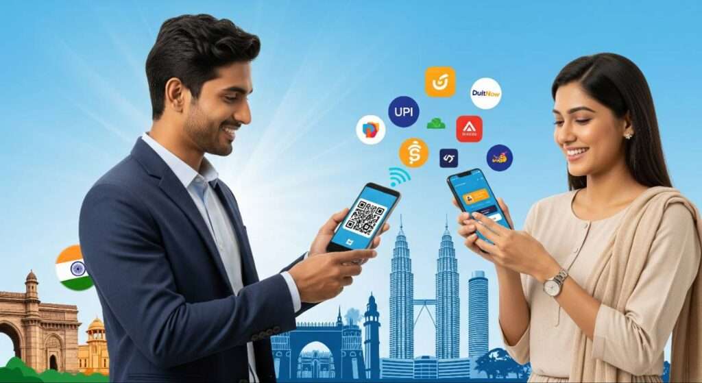 UPI cross-border payment integration between India and Malaysia showing QR code scanning, digital wallets, and real-time fintech connectivity