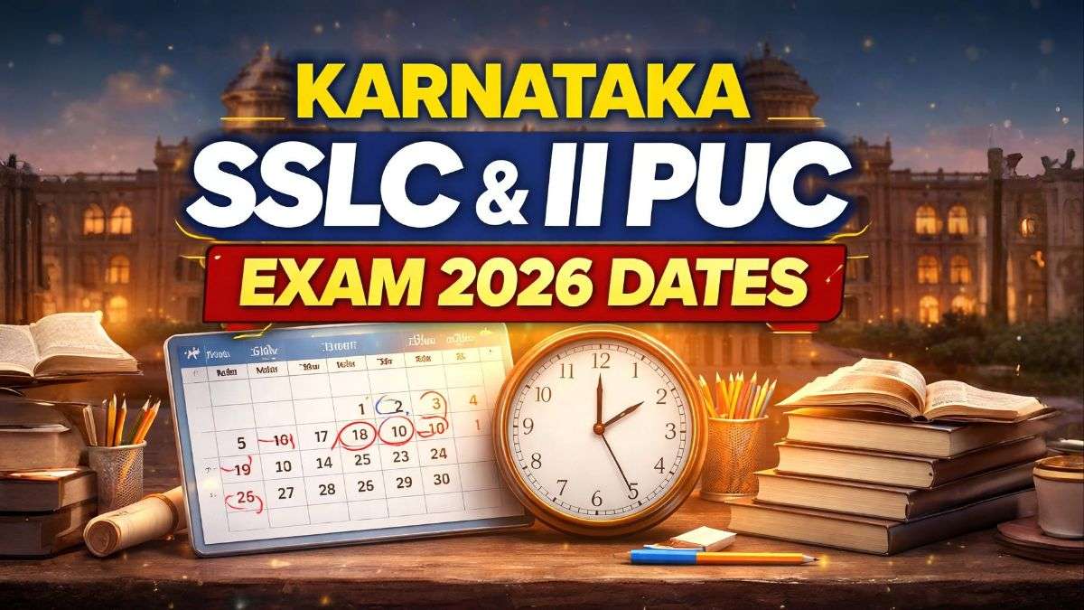 Karnataka SSLC and II PUC Exam 2026 timetable announcement with exam dates, calendar and clock in news style banner