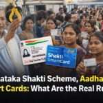 Karnataka Shakti Scheme women showing Aadhaar card and Smart Card for free bus travel as CM Siddaramaiah inside government bus