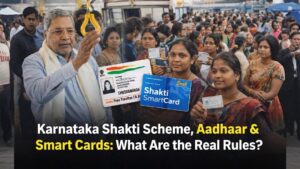 Karnataka Shakti Scheme women showing Aadhaar card and Smart Card for free bus travel as CM Siddaramaiah inside government bus