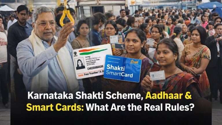 Karnataka Shakti Scheme women showing Aadhaar card and Smart Card for free bus travel as CM Siddaramaiah inside government bus