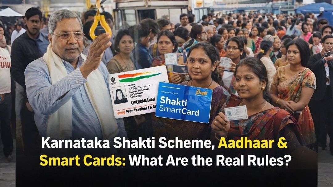 Karnataka Shakti Scheme women showing Aadhaar card and Smart Card for free bus travel as CM Siddaramaiah inside government bus
