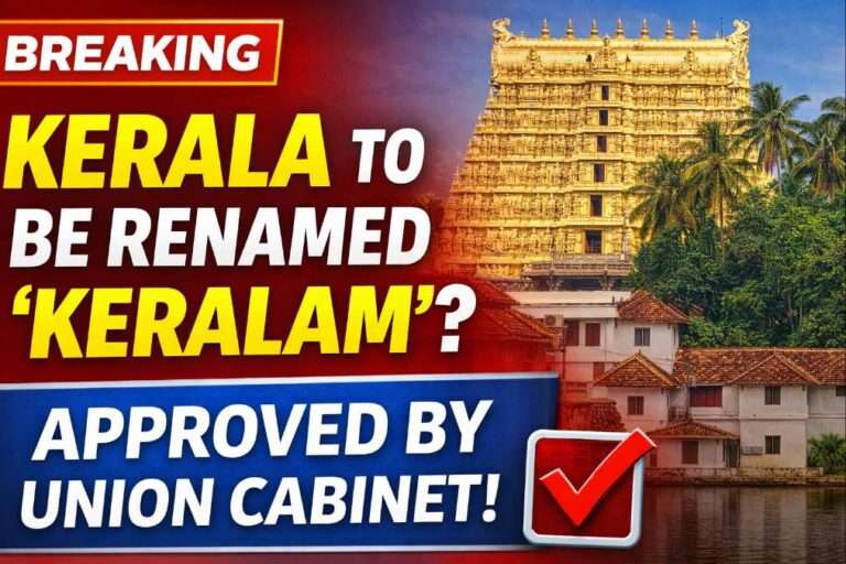 Breaking news thumbnail showing Kerala renamed to Keralam with Sree Padmanabhaswamy Temple background and Union Cabinet approval headline