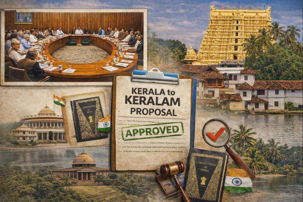 Visual collage showing Kerala cultural landmarks, Indian Parliament, Constitution book and Union Cabinet meeting representing Kerala to Keralam name change process