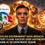 Mexican government data breach concept image showing AI chatbot logos and cyber explosion background representing alleged 150GB data leak linked to Claude AI