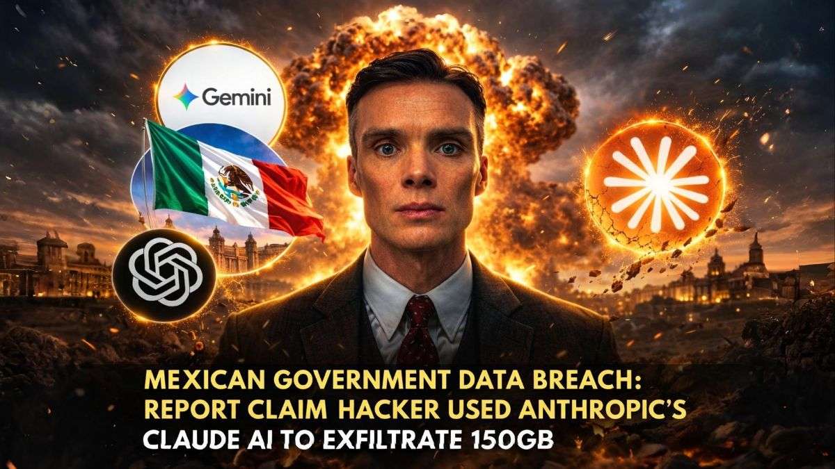 Mexican government data breach concept image showing AI chatbot logos and cyber explosion background representing alleged 150GB data leak linked to Claude AI