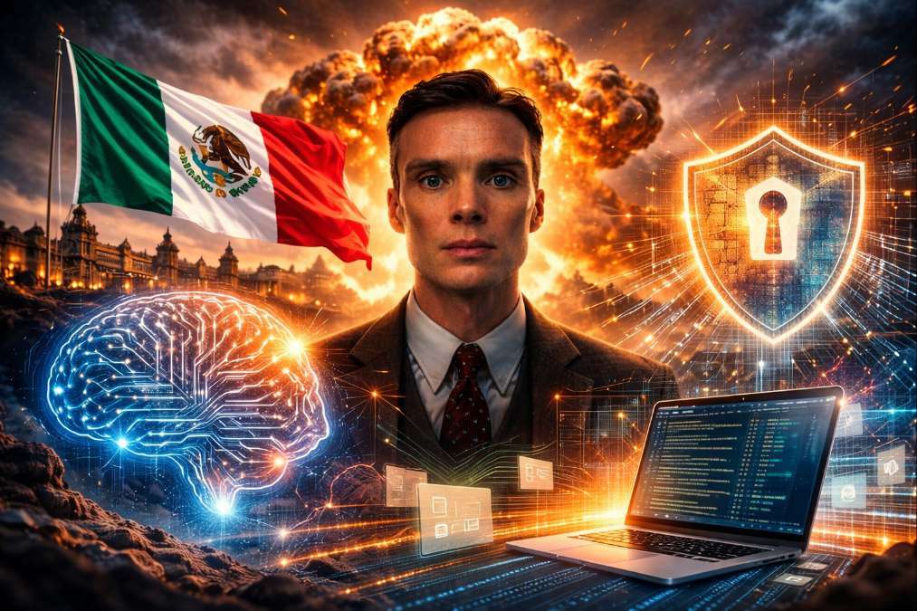 Conceptual illustration of Mexican government cyberattack showing AI brain interface, cybersecurity shield, Mexico flag, data breach visuals and hacker workstation representing alleged 150GB data leak