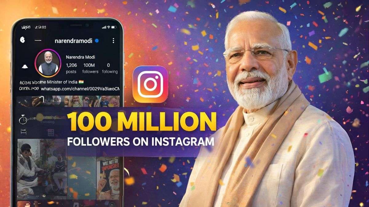 Narendra Modi 100M Instagram followers milestone graphic