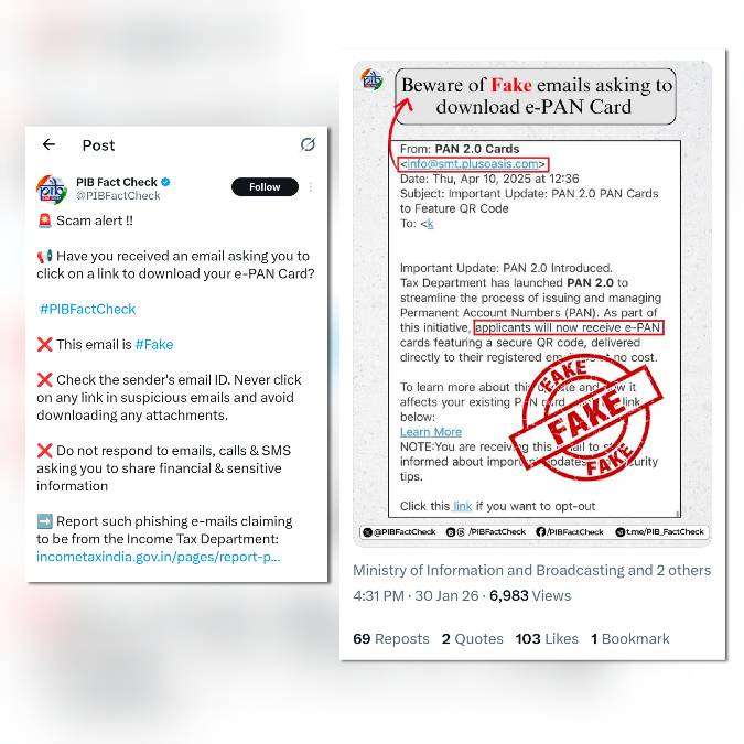 PIB Fact Check warning screenshot showing fake e-PAN download email scam and advising citizens not to click phishing links claiming to be from the Income Tax Department