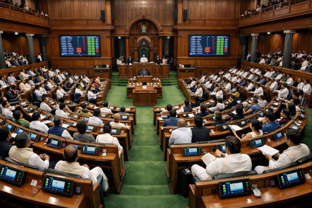 Lok Sabha chamber showing Members of Parliament seated at designated seats using digital attendance consoles during active session.