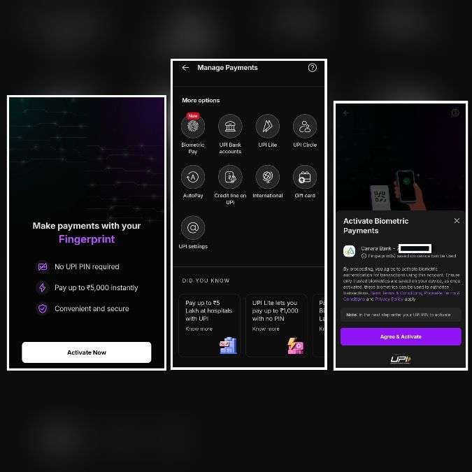 PhonePe app screenshots showing biometric payment activation process, manage payments section, and fingerprint authentication for UPI transactions up to ₹5,000